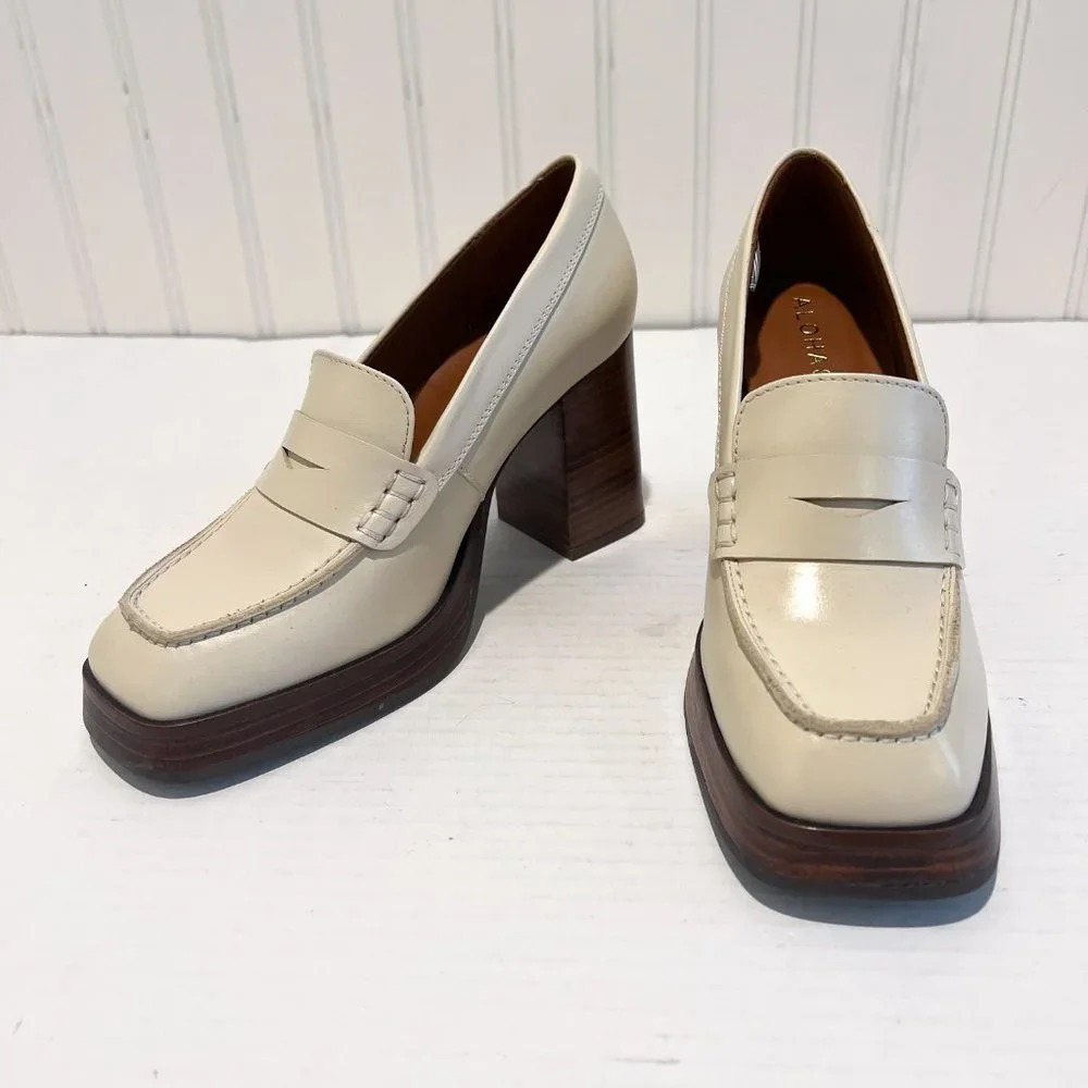 Alohas Busy Cream Square Toe Leather Academia Business Casual Loafer Heels 35 - Picture 6 of 13